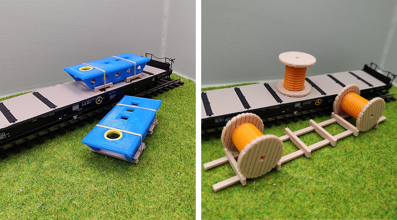 Ladegüter für H0-Modellbahn in blau und orange